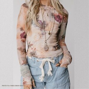 Three Bird Nest Floral Long Sleeve Sheer Top in Cream, Pink, Purple